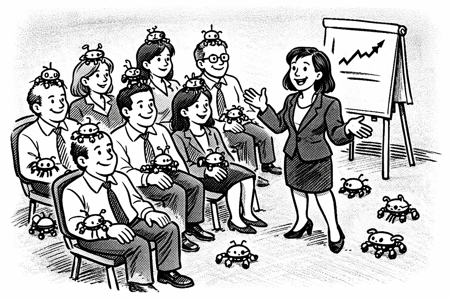 A facilitator presents to a business audience while small robots echo the structured, practical tone of the Applied Lab format.