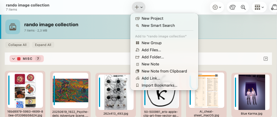 Aerial View add menu for projects, groups, files, folders, notes, links, and bookmarks