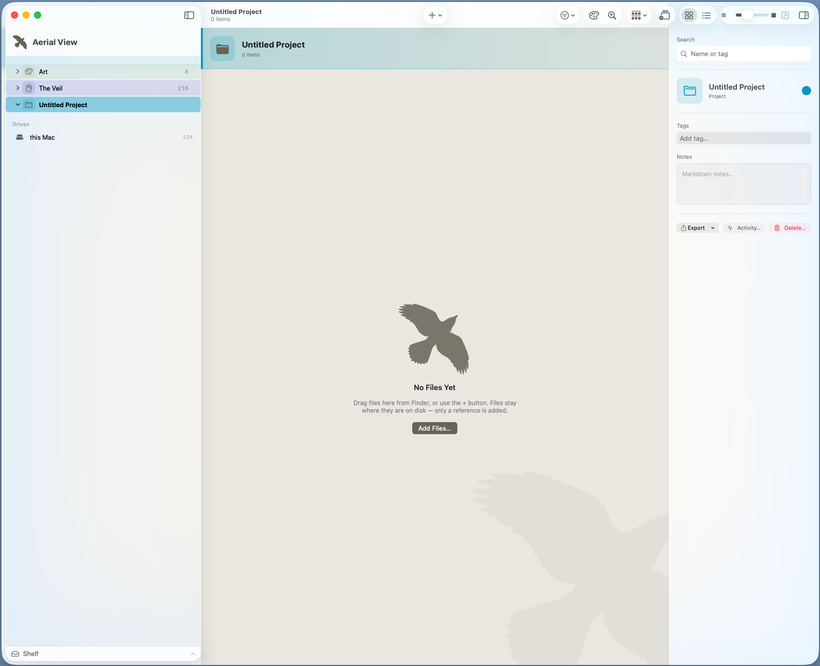 An empty Aerial View project explaining that files stay on disk and only references are added