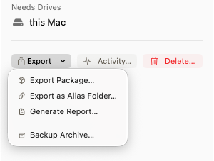 Aerial View export menu for packages, alias folders, reports, and backup archives