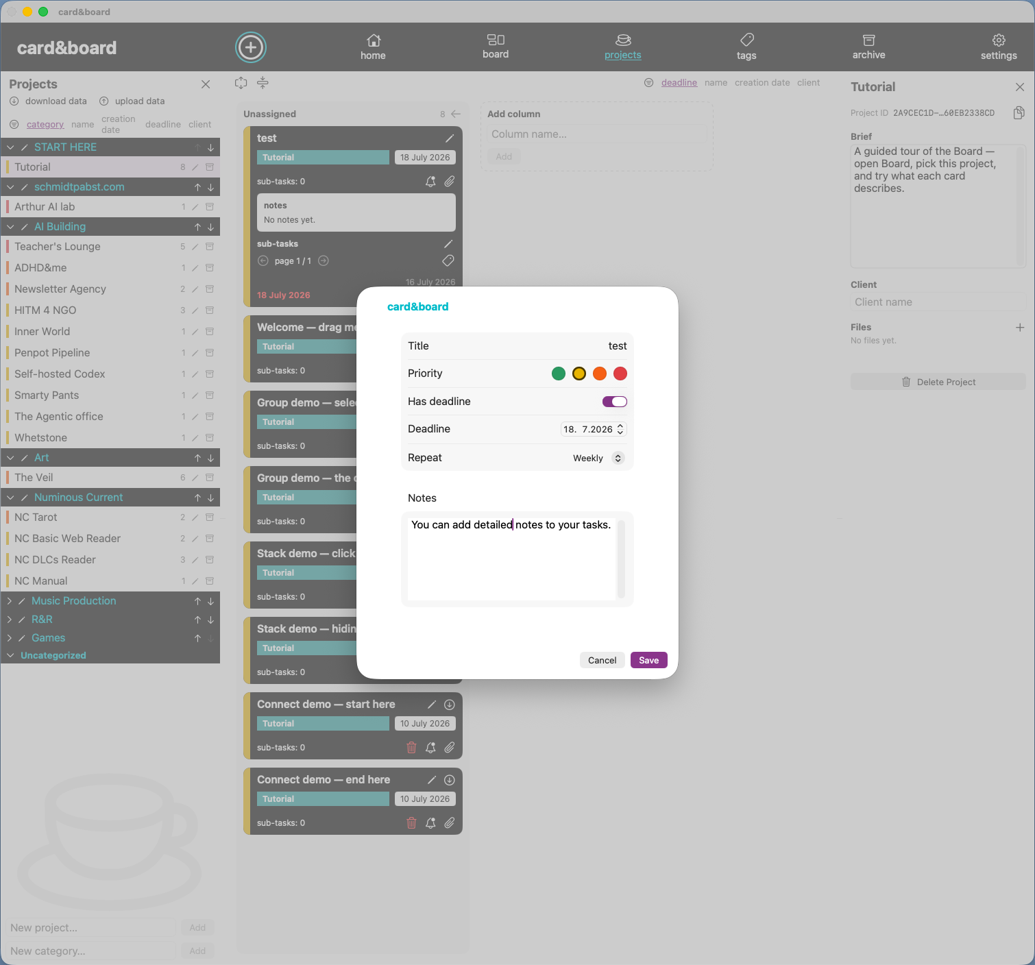 card&board native task editor with priority, deadline, repeat rule, and notes