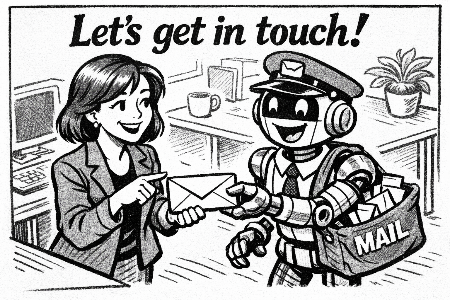 A person and a cheerful mail-carrying robot exchange an envelope, representing direct and approachable contact.