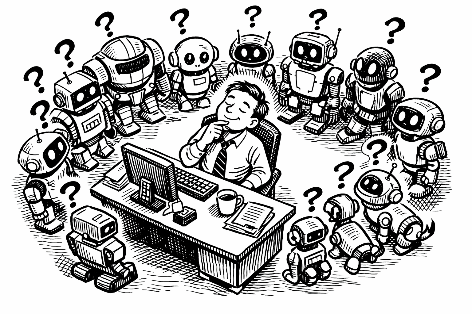 A person at a desk considering a crowd of questioning robots, representing thoughtful AI adoption and human judgment.