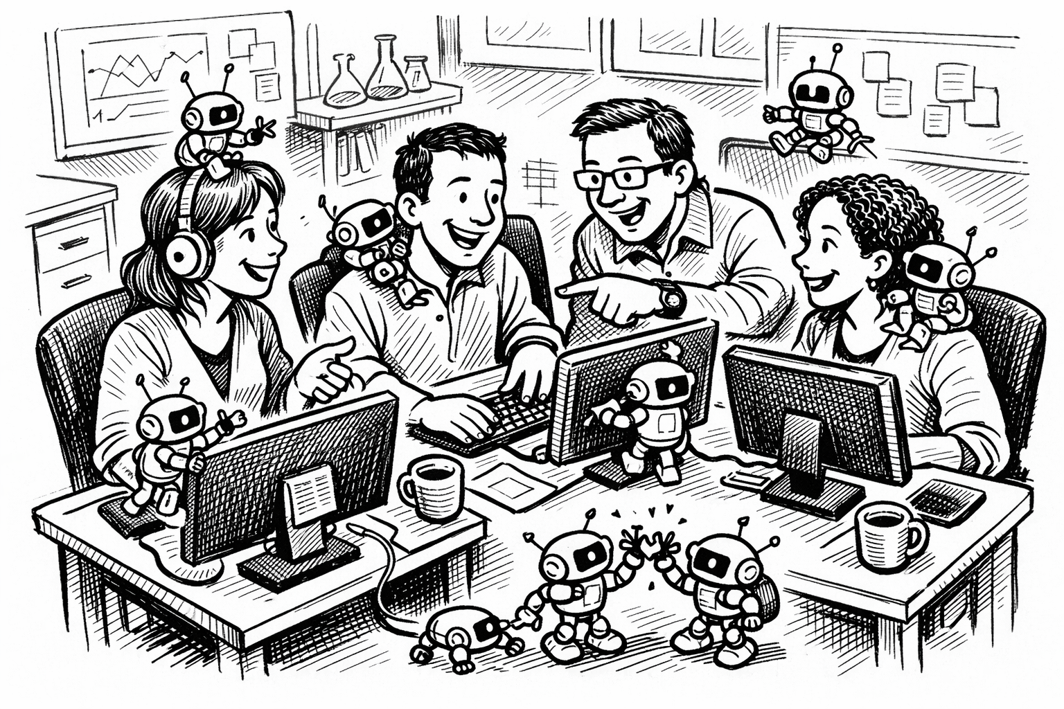 A lively team working together at computers with small robot companions, representing collaborative, hands-on lab learning.