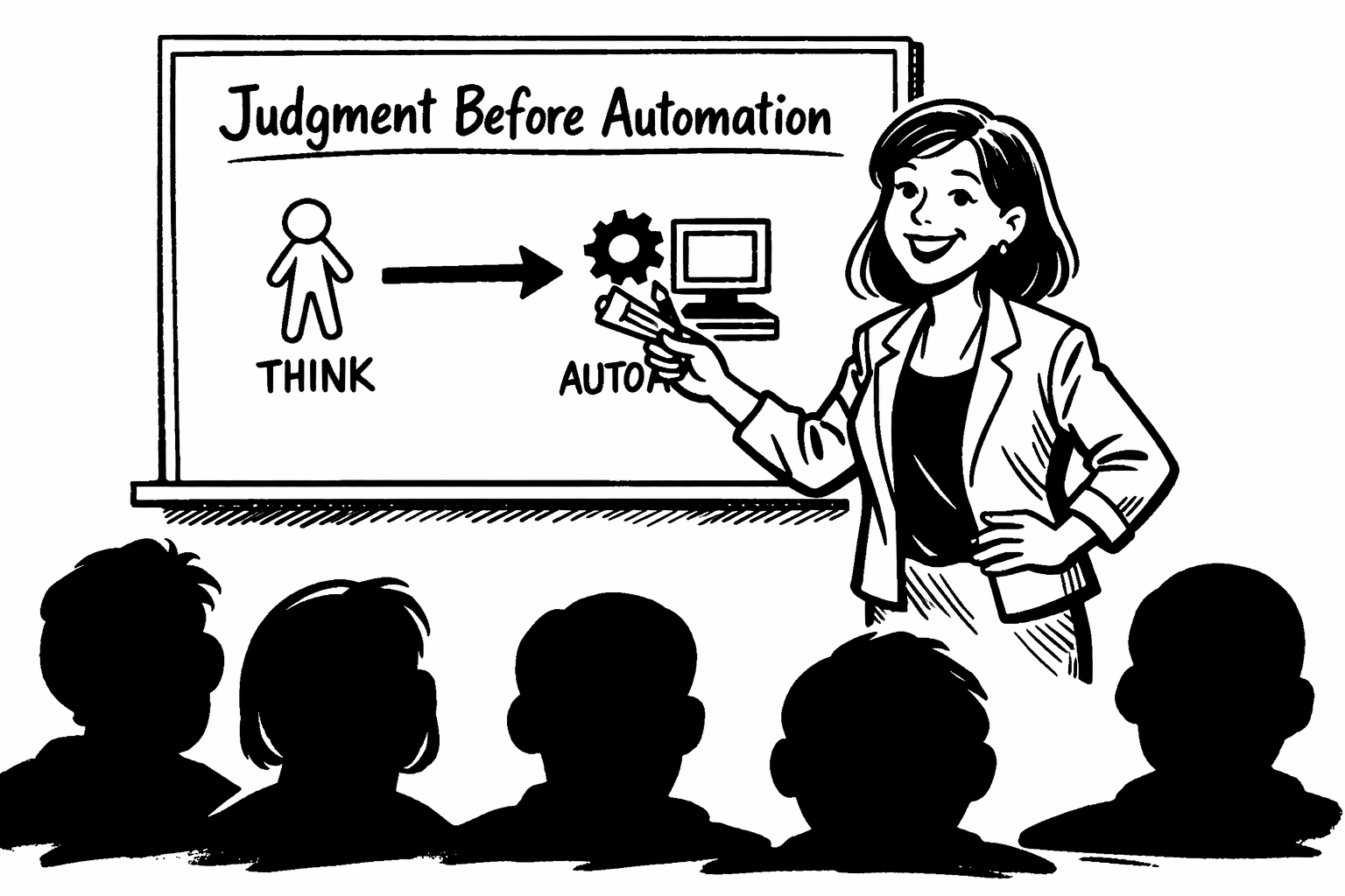 A presenter explains Human in the Middle on a board, showing a person between two computers to illustrate guided responsibility.