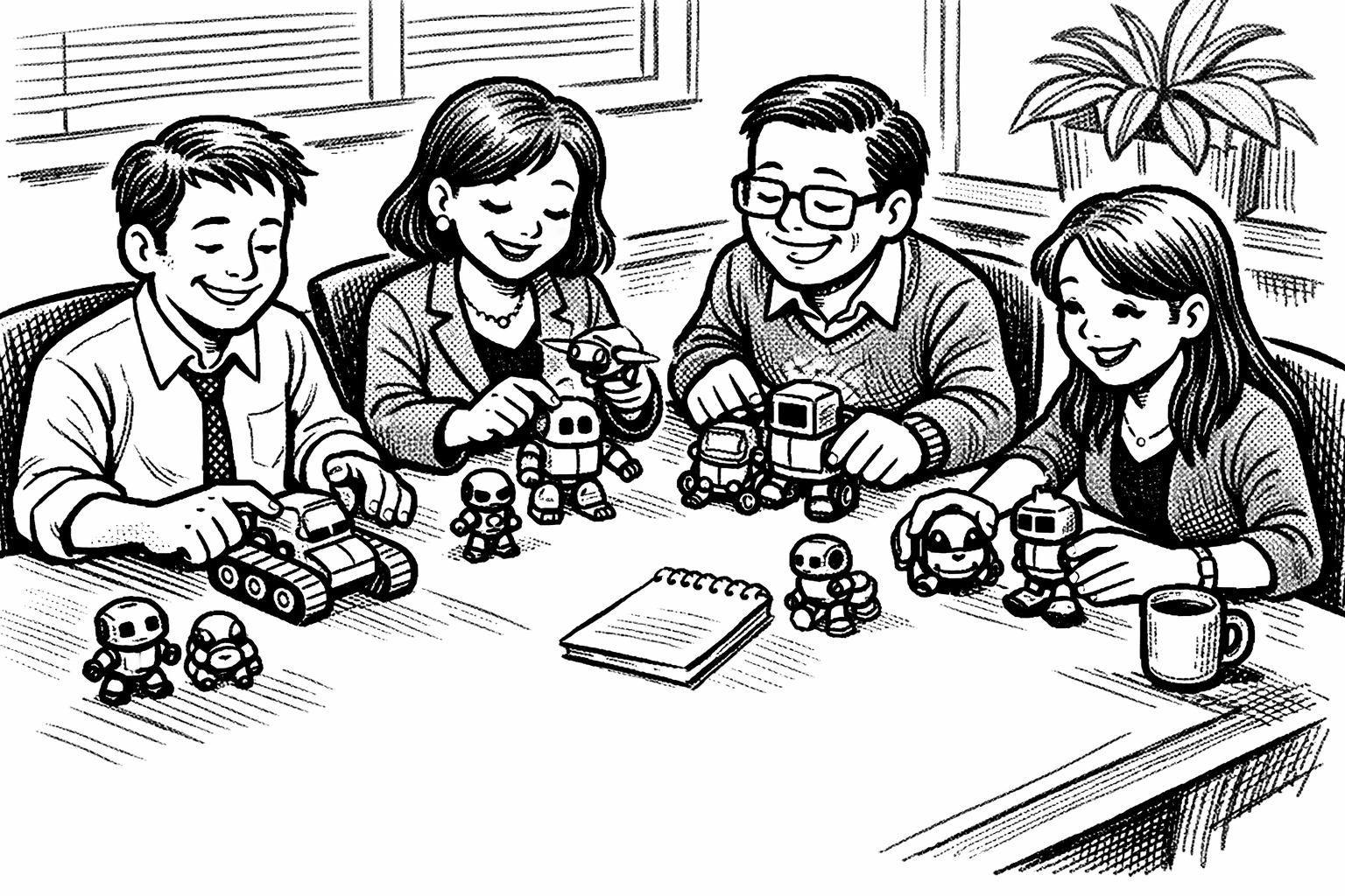 A team gathered around a table, exploring small robot figures together as a metaphor for collaborative AI adoption.