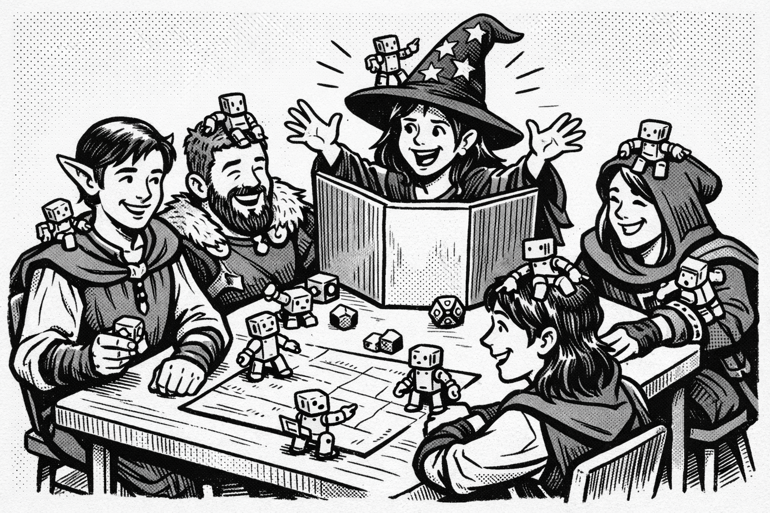 A group in fantasy-style costumes gathers around a game board, representing the playful, curiosity-led format of Quest Lab.